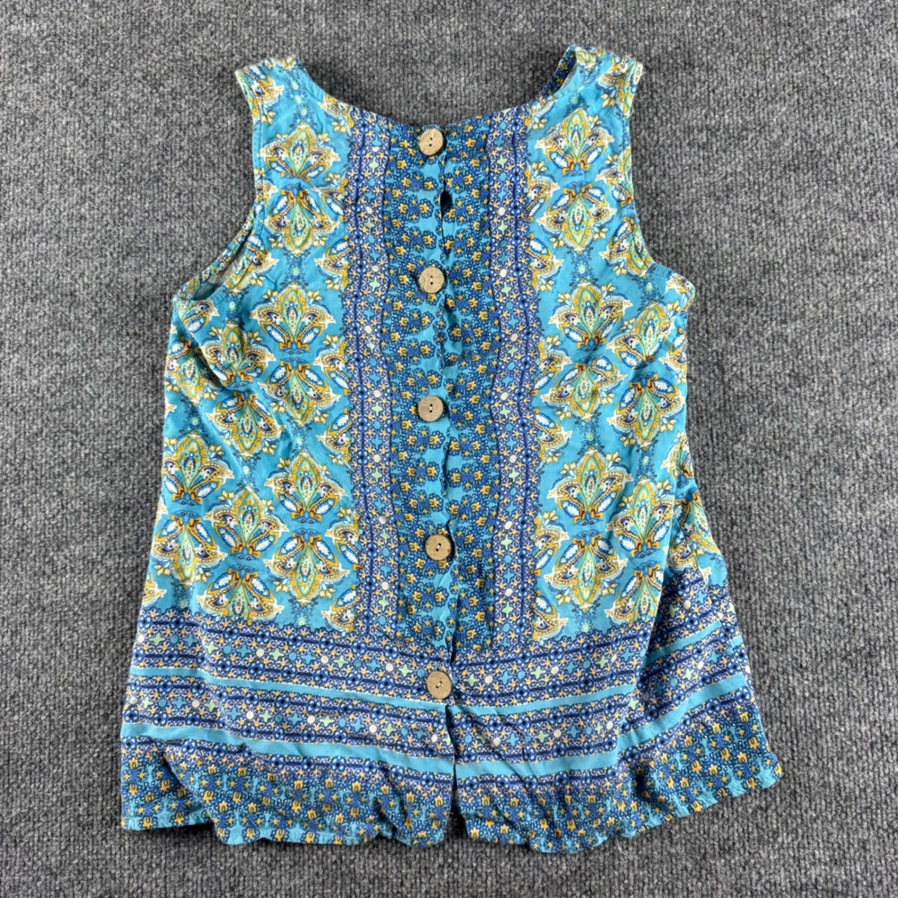 Soiree Womens Small Sleeveless Blouse Turquoise Blue Paisley Button  Boho Top